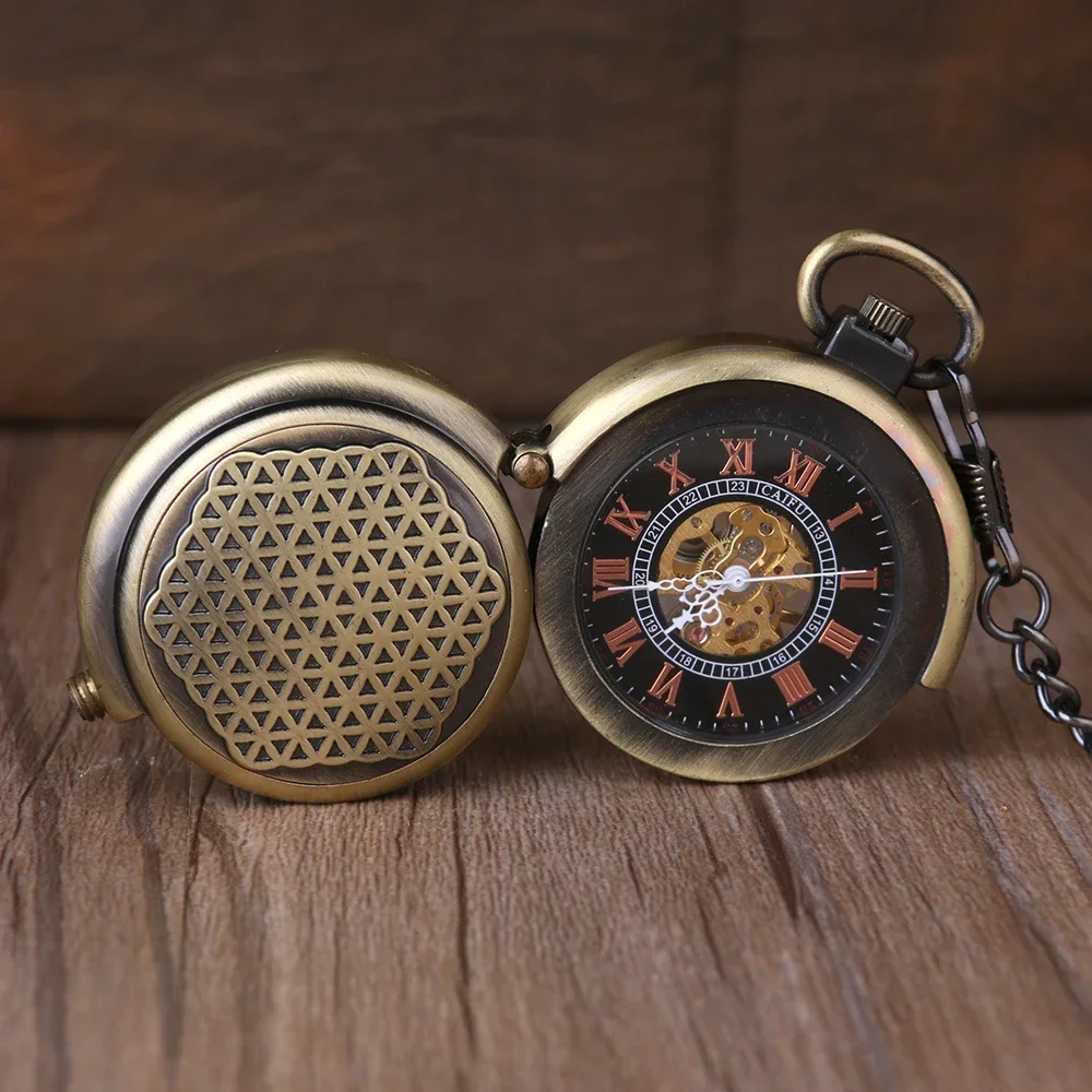 Reloj de bolsillo de cazador abierto doble de bronce único, cuerda a mano mecánica, esqueleto, relojes Fob, cadena colgante de regalo para hombres y mujeres