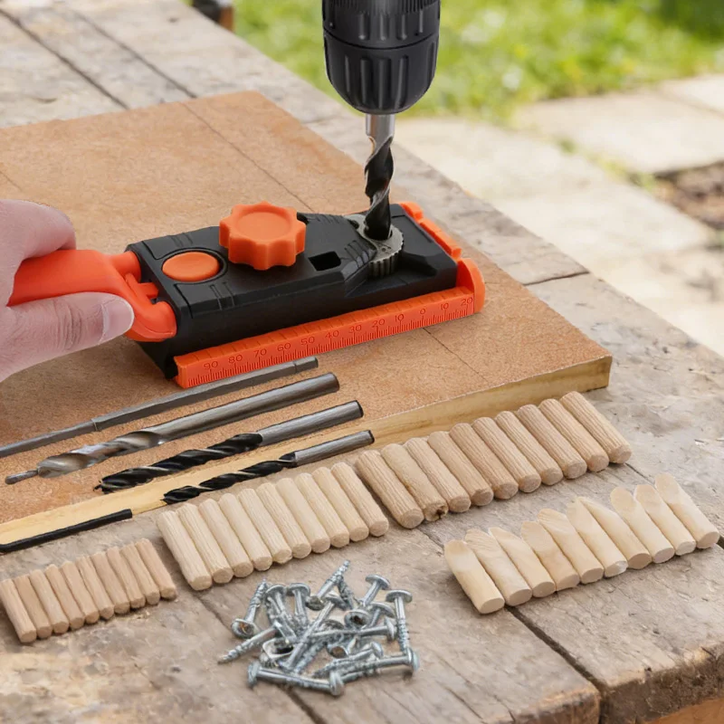 

Dowel Jig Set 2 in 1 Pocket Hole Jig & 6/8/10/12mm Adjustable Straight Drill Guide with Drill Bits Dowels Screws & Storage Case