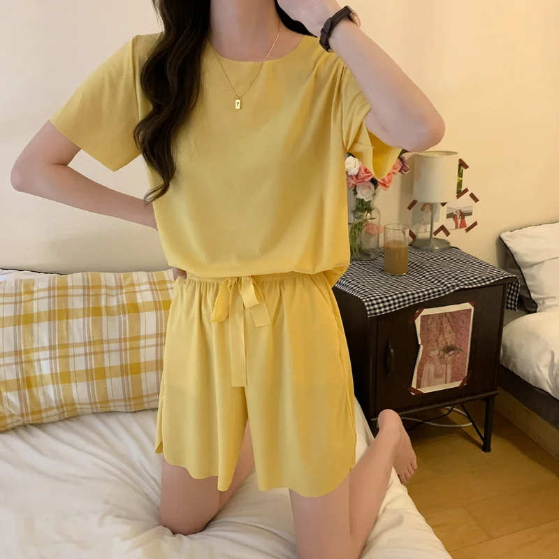 2Pcs Women Pajama Mujer Sets Summer Solid Loose Sleepwear Short Sleeve Tops and Shorts 잠옷 Nightwear Home Lounge пижама женская