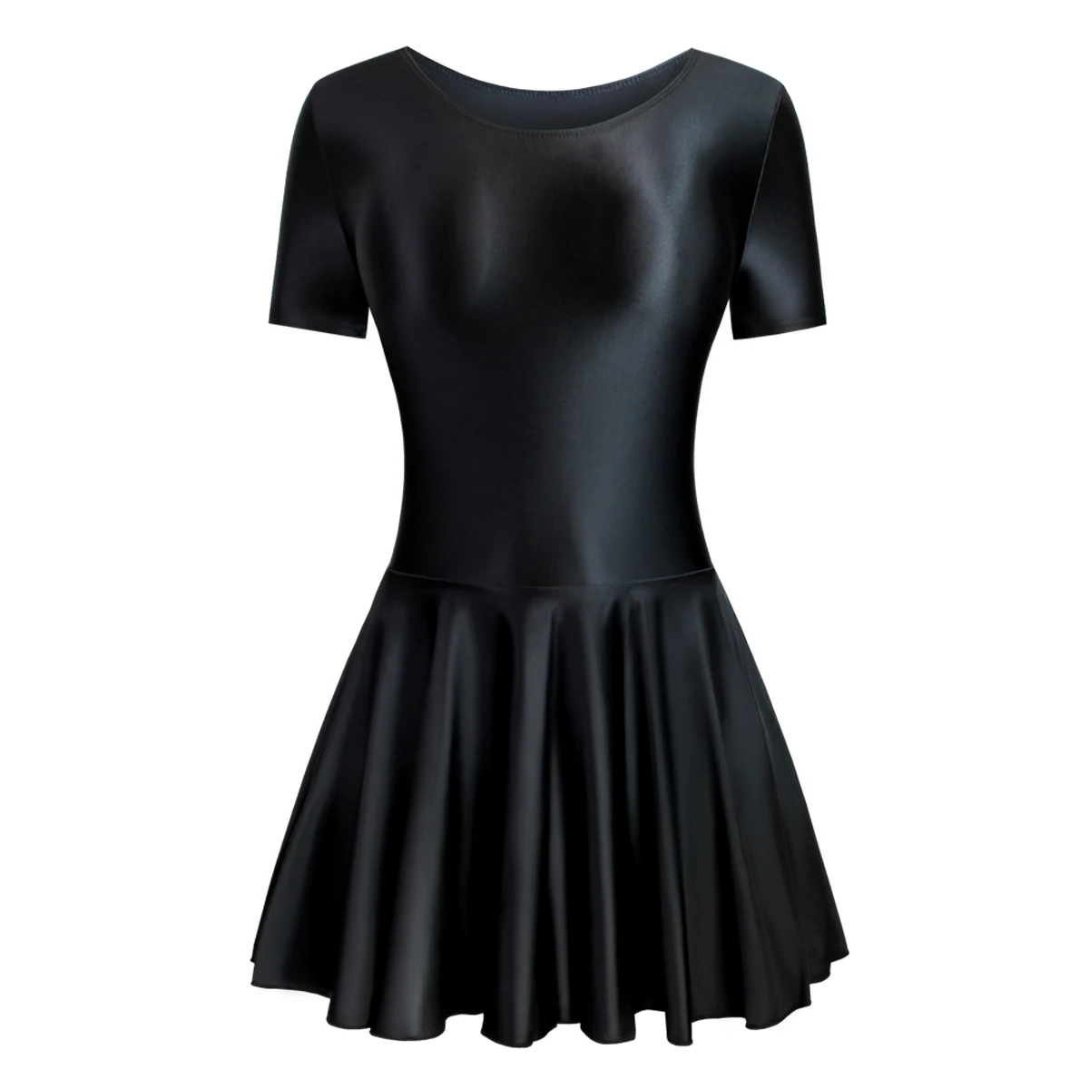 MJINM 여성용 실키 글로시 새틴 고탄성 원피스 드레스 부드러운 반소매 꽉 끼는 요가 운동 발레 플리츠 스커트