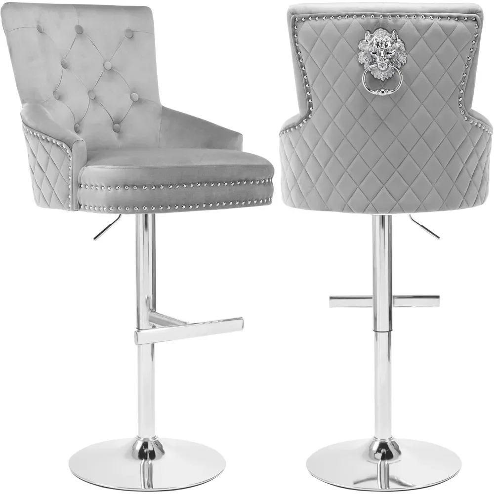Velvet Swivel Bar Stools Set of 2, Upholstered Bar Stool Chair with Button Tufted Back and Pull Ring, Height Adjustable Swivel