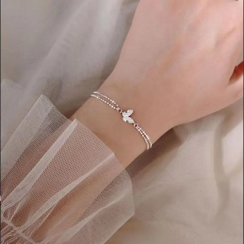 2023 Sweet Shining Zircon Butterfly Bracelet for Women Anti-Allergic Silver Color Chain Bling Bracelet with Stamp Gift