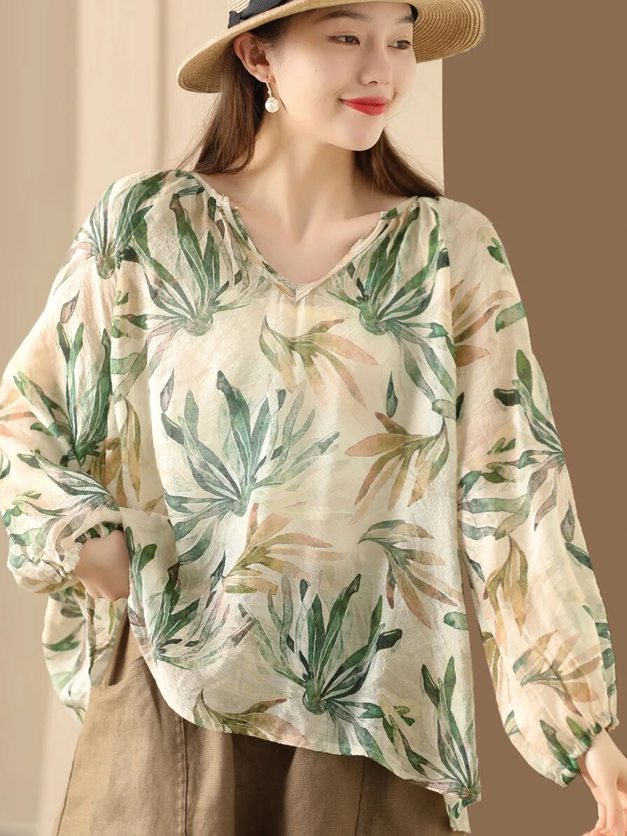 

Retro Printed Linen irt Women's Casual Loose Lantern Sve V-Ne Summer Top Faionable Versatile Long Sve Cotton Blend