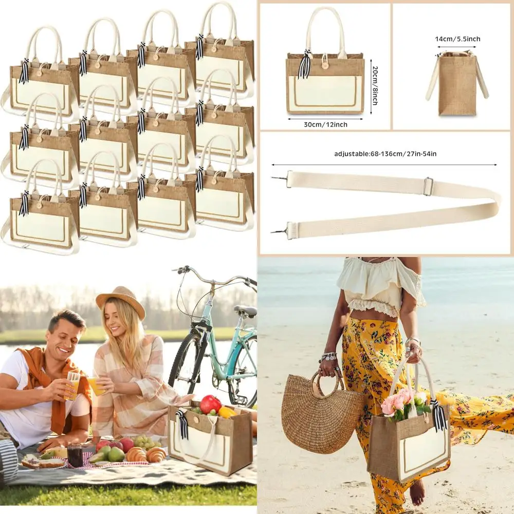 

Reusable Jute Tote Bags, 12-Pack Waterproof Beach Bags with Handles, Ideal for Weddings and Shopping