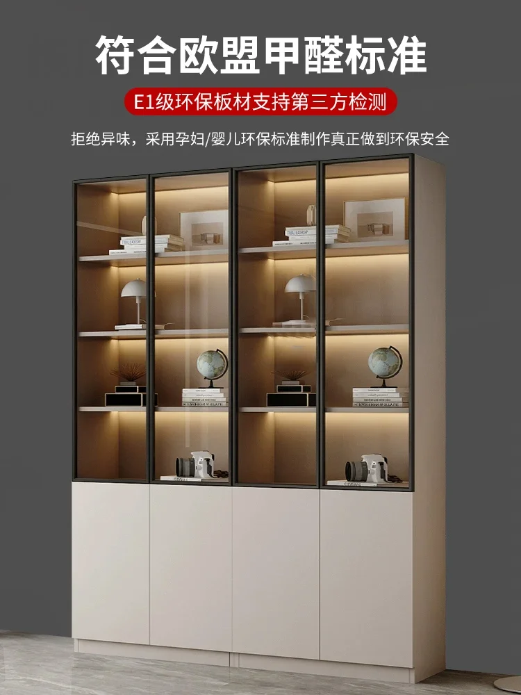 

Solid wood living room bookcase integrated whole wall to top new Chinese style display cabinet with glass door