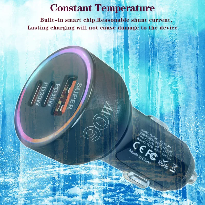 شاحن سيارة فائق السرعة بقدرة 90 وات 3 منافذ QC3.0 + 2xPD30 وات لهواوي/آيفون/سامسونج/شاومي/فيفو محول ولاعة سجائر سريع الشحن