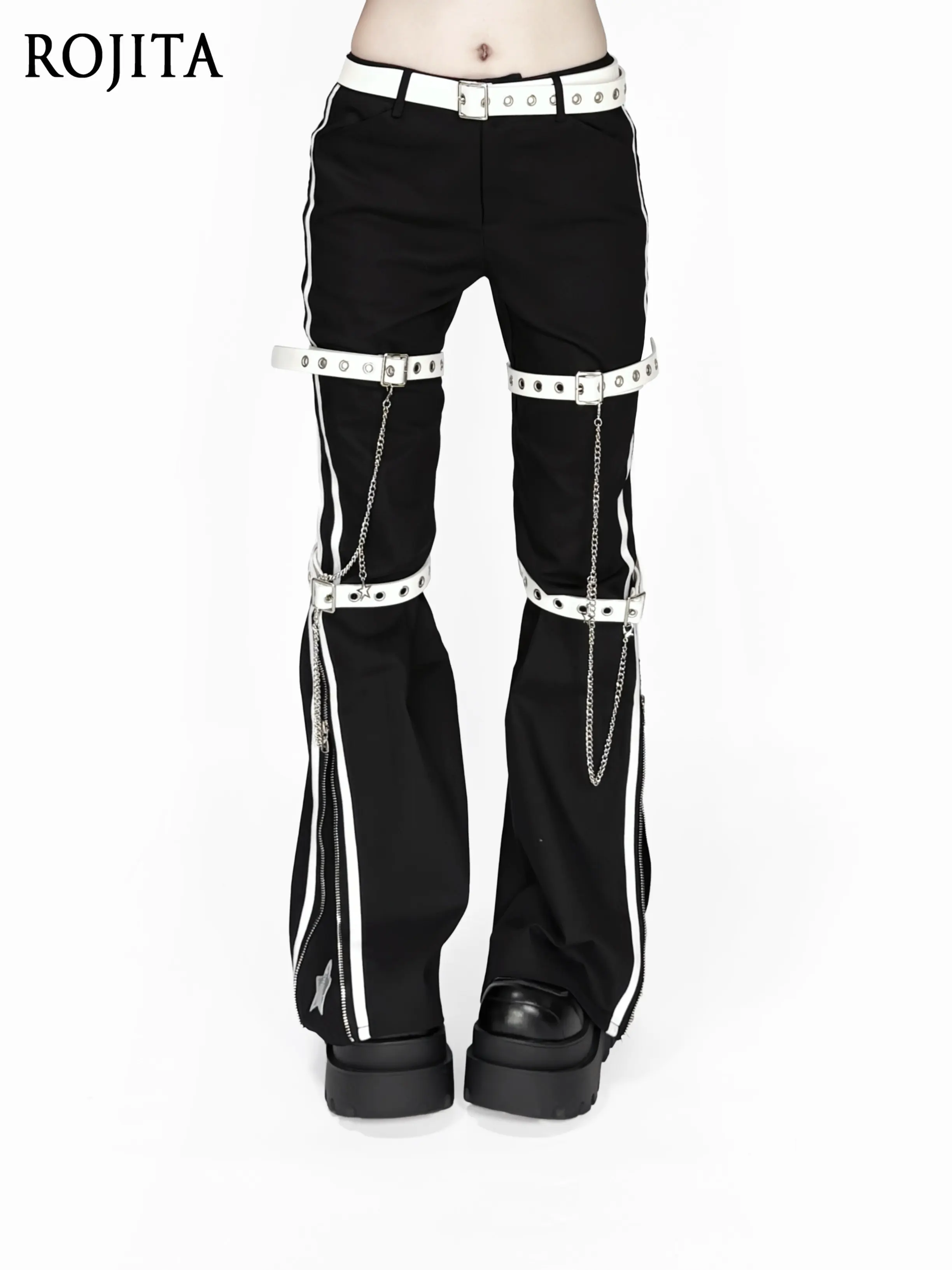 Y2K Gothic Flare Pants White Side Stripe Detachable Thigh Harness Chain Strap Zip Hem Star Embroidery Punk Bootcut Trousers
