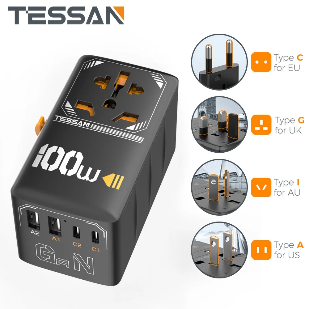 TESSAN 35W/65W/100W uniwersalny Adapter podróżny z portami USB typu C szybko ładujący zasilacz wtyczka EU/UK/USA/AUS do podróży