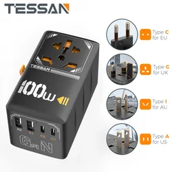 TESSAN 35W/65W/100W GaN Universal Travel Adapter with USB Ports Type C Fast Charging Power Adapter EU/UK/USA/AUS Plug for Travel