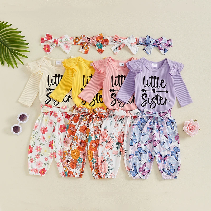 

2024-05-11 Lioraitiin Baby Girl Fall Outfits Letter Print Crew Neck Long Sleeve Romper Floral Print Long Pants with Headband