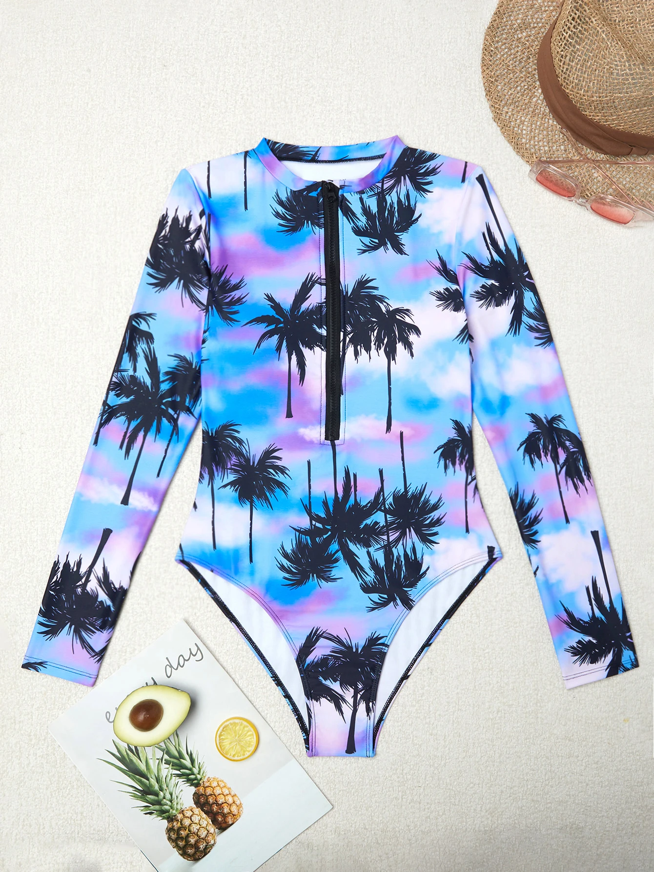Women's Summer Beach Cap Sleeve Zip Front Stand Neck Full Body Printed One-Piece Swimsuit