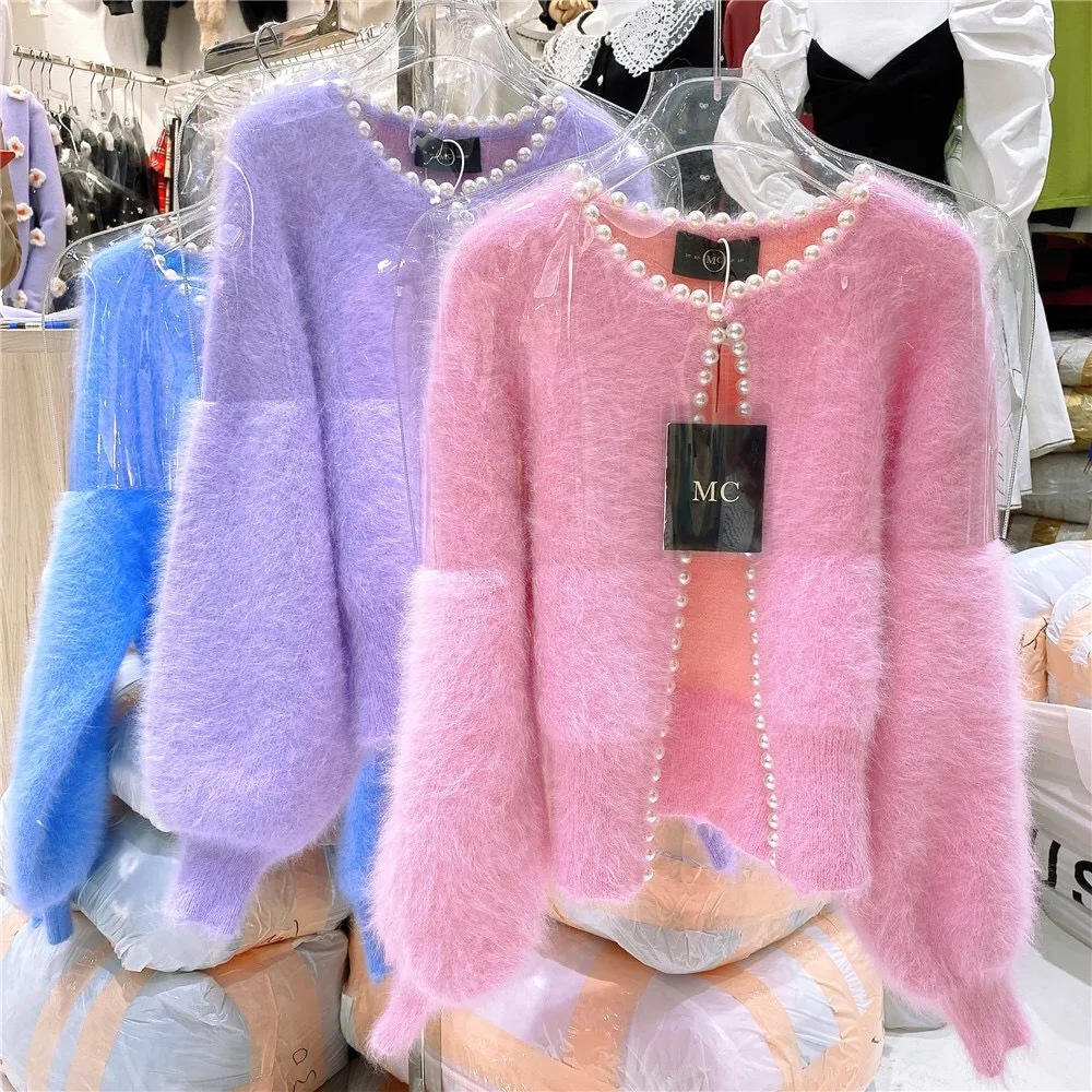 New Lantern Sleeve Faux Mink Cashmere Knitted Cardigan Women Pearl Beading Sweater Winter Loose Sweet Knitwear Coat Tops Jumpers