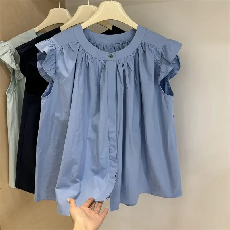 Nice Femme Summer Fashion Casual Button Solid Color O-neck Short Sleeve Trend Fashionable All-match Ruffles Loose Sleeveless Car