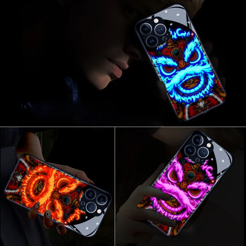 

Cool Lion Head LED Light Glowing Luminous Tempered Glass Surface Phone Case for Xiaomi 11 12 13 Pro Lite Ultra Accessories