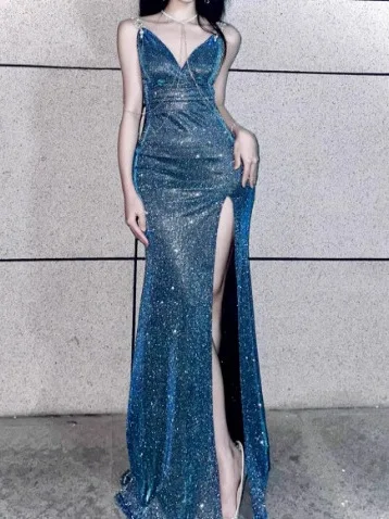 

Sexy Strapl Evening Gown Slimming High Waist A-Line Skirt Long Dr Sparkling oulder Bared Svel for Par And Ban...