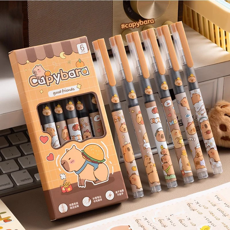6pcs Capybara Straight Liquid  Gel Pen Student Exam Fast-Drying Smooth Writing Practice Pen Stationery School Supplies Wholesale