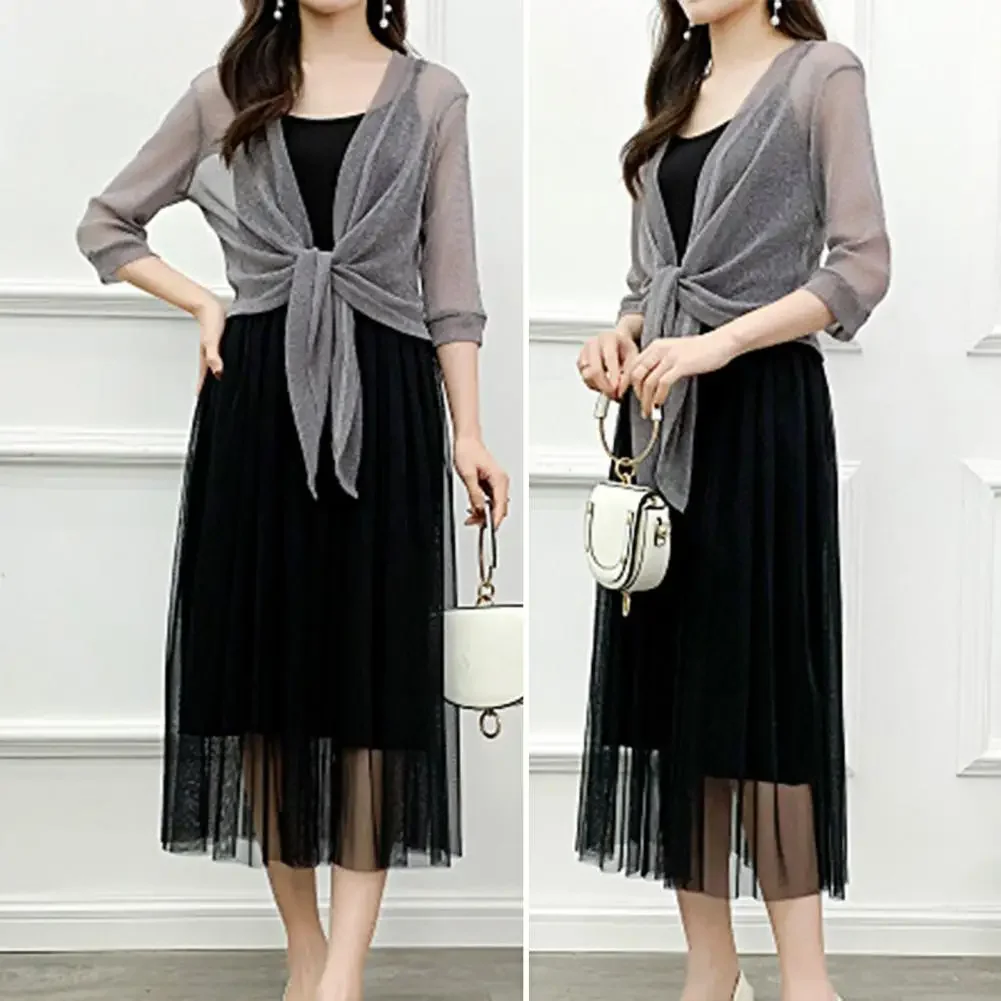 Women's Sheer Glitter Lace-up Cardigan Lightweight Jacket Half Sleeve Summer See-through Loose Blouse Women