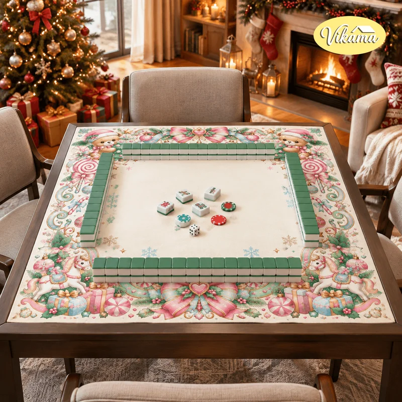 Christmas Bear Mahjong Table Mat Non Slip Foldable Table Cover for Kids Family Game Night Living Room Holiday Decor