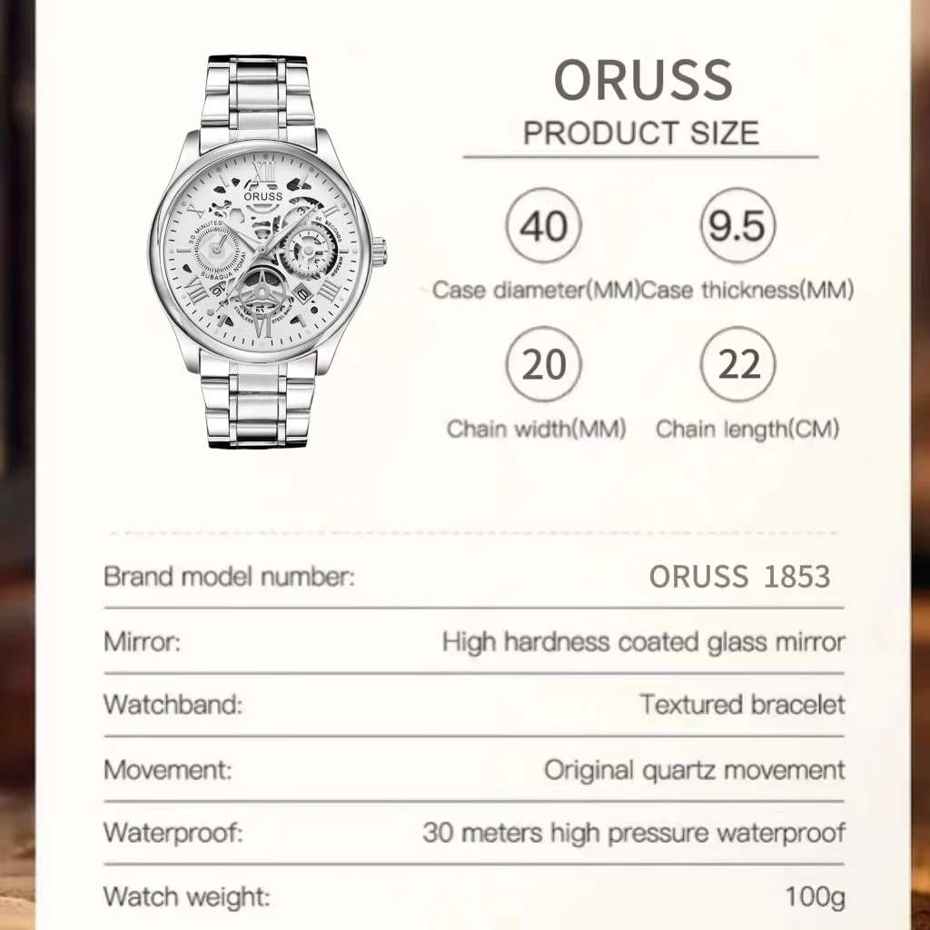 ORUSS Orologio da uomo originale al quarzo luminoso di lusso nuovo orologio da uomo per uomo Freeshiping orologi da polso alla moda in acciaio inossidabile impermeabile