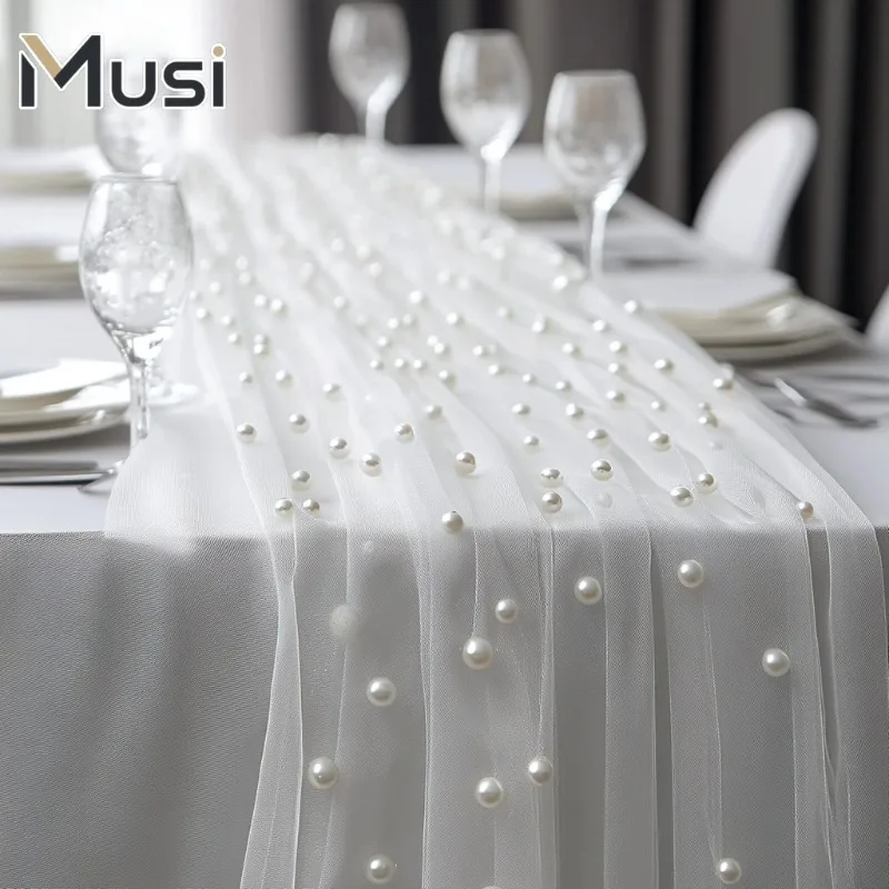 Elegant Pearl Table Runner Wedding Decor Sheer Gauze Fabric Table Flag Bridal Shower Party Event Decoration Backdrop Cloth
