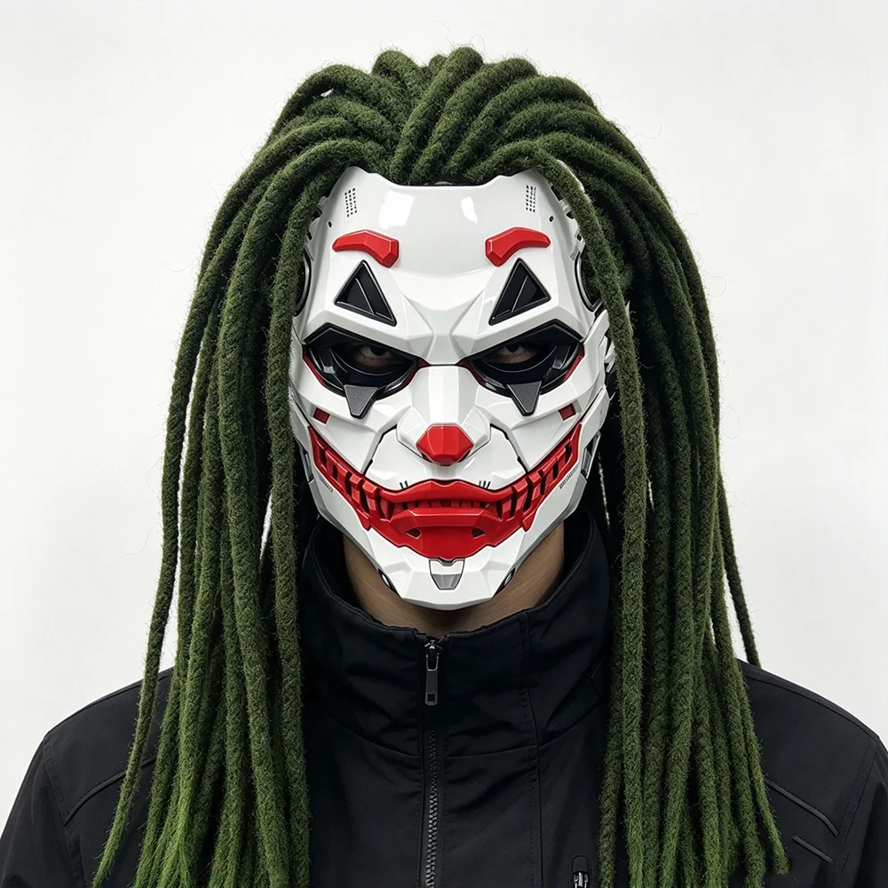 Halloween Cyberpunk Clown Cosplay Mask Green Dirty Braid Hair Full Face PE Mask Carnival Party Costume Prop