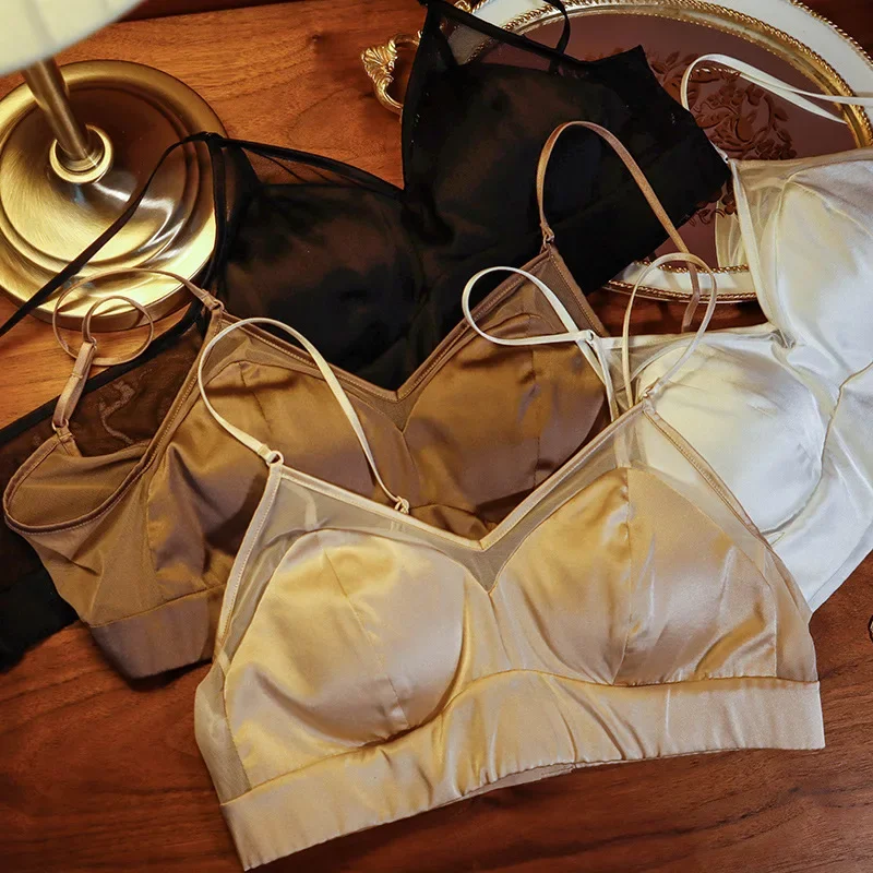 

Роскошные атласные шелковые бюстгальтеры для женщин, однотонные, без косточек, 3/4 чашки, тонкий удобный шелковый бюстгальтер из тутового шелка с мягкой подкладкой, черный сексуальный бюстгальтер