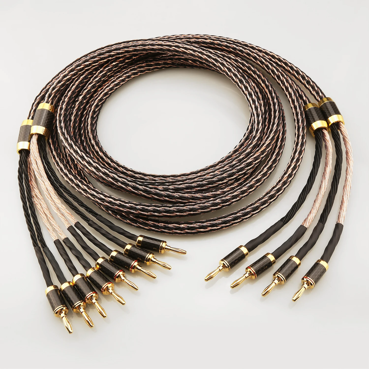 Hi-End Hifi Bi-Wiring Speaker Cable 24 Strand 7N OCC with Carbon Fiber 2 to 2/4 Banana Plug for High-End Audio Systems