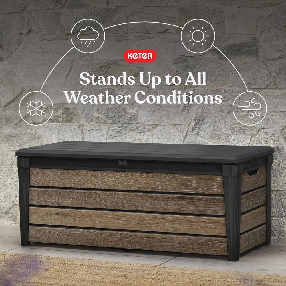 Kotak Penyimpanan Resin 120 Galon untuk Bantal Luar Ruangan, Alat Berkebun, dan Aksesori Kolam Renang dalam Warna Walnut.