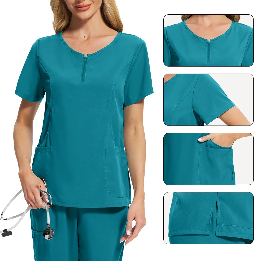 Médico e enfermeira uniformes médicos atacado casual manga curta com zíper-pescoço jogger calças conjunto pet hospital farmácia trabalho uniforme