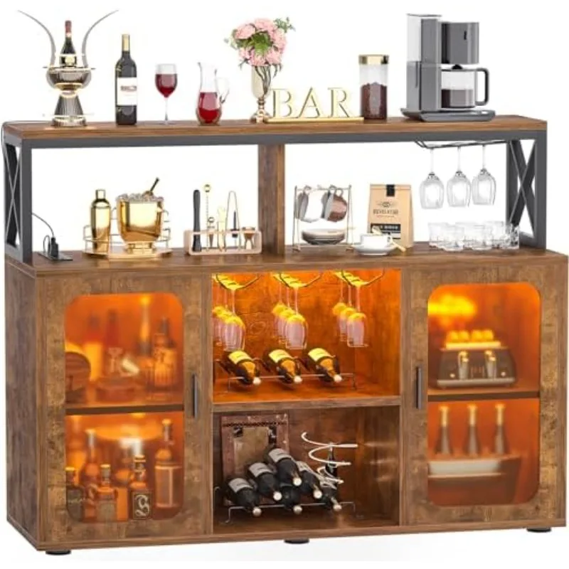 

Bar Cabinet with Power Outlets, Liquor Cabinet with Led Lights and Glass Holder, Storage Buffet Cabinet Coffee Bar Cabi