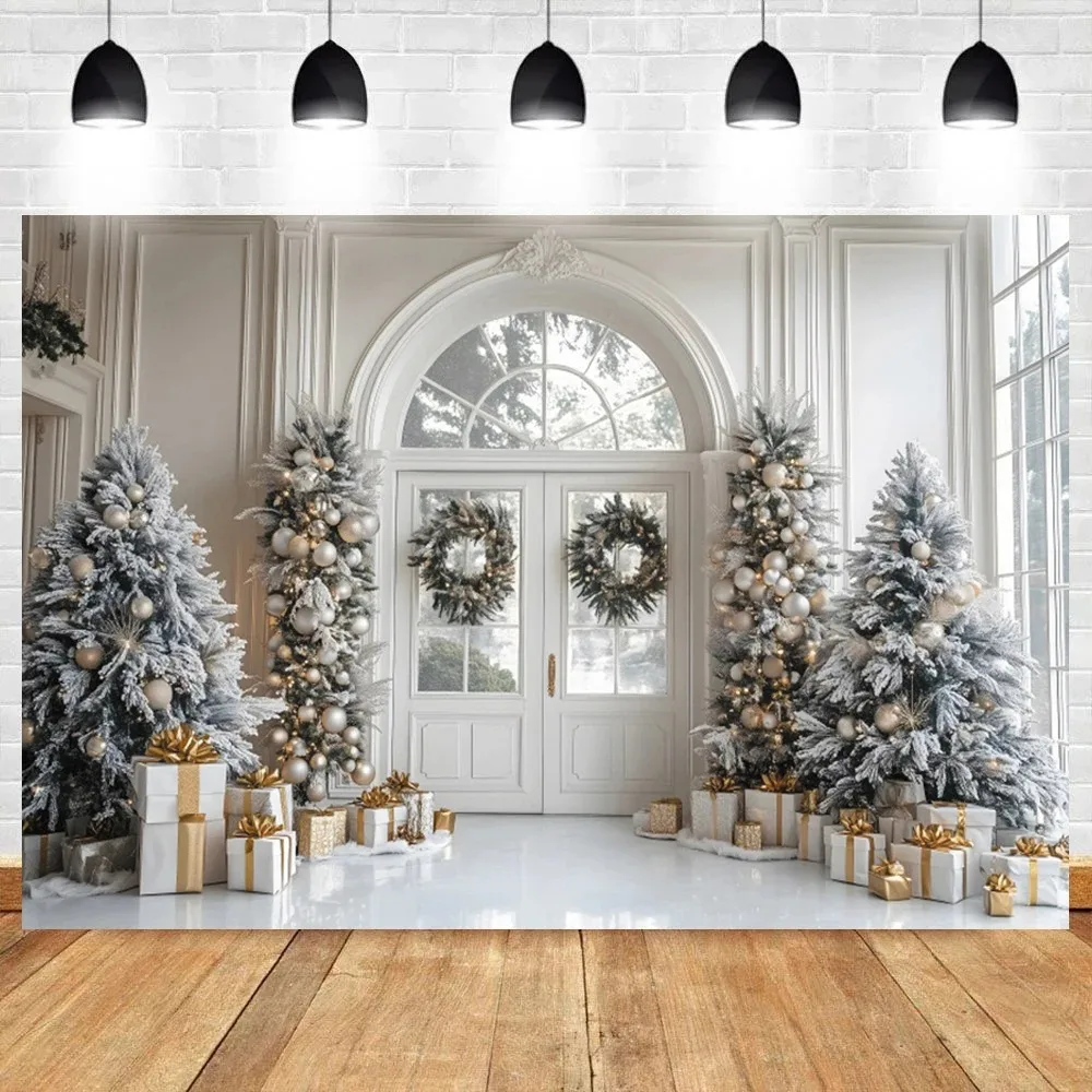 Wreath, Wooden Door, Cabinet, Christmas Tree, Gift Theme Banner Backdrop, Birthday Party Decoration, Photography Backdrop Cloth