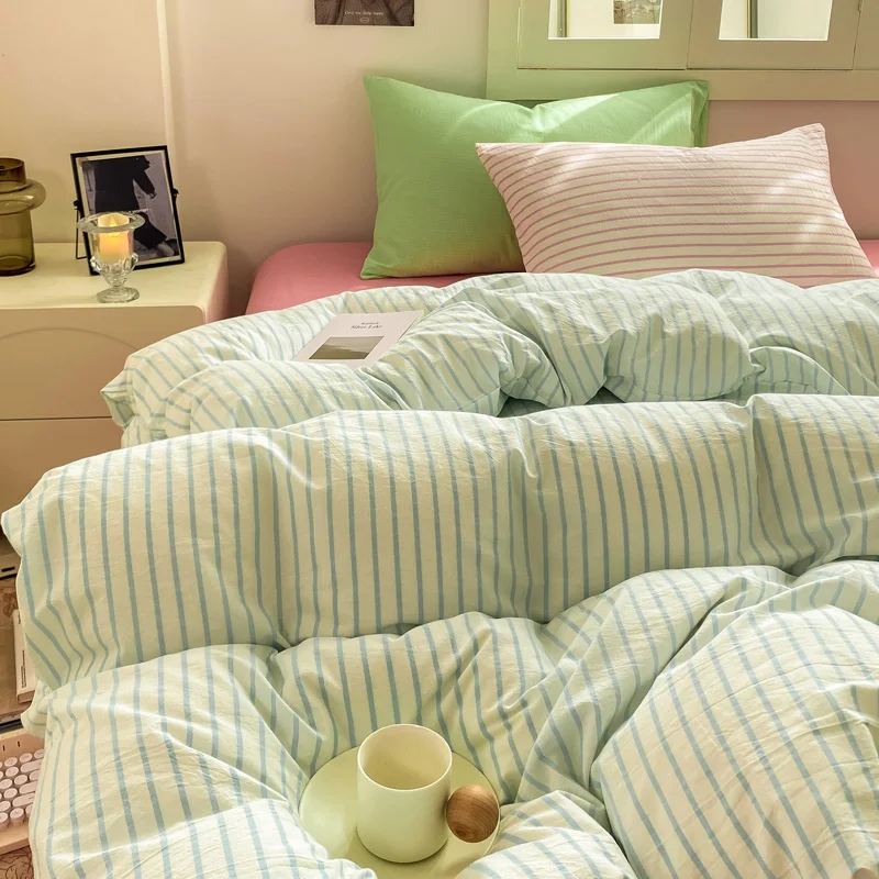 Striped Bedding Set Ins Korean Duvet Cover Set Flat Sheets Set With 2 Pillowcases Single Twin Full Queen Size Bed Linen Set