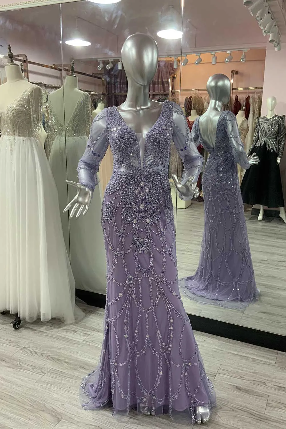 YQLNNE Light Purple Long Sleeves Mermaid Evening Dresses V Neck Embroidered Baeding Formal Party Gown