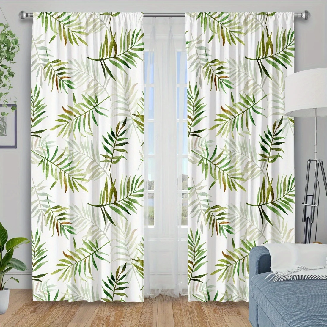 2pc  tropical leaf print curtains, polyester fabric, machine washable, suitable for bedroom and living room decoration