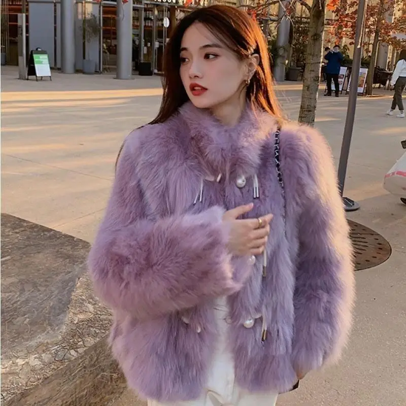 Korea Luxury Women Winter Top Fashion Faux Fox Fur Coat Elegant Thick Stand Collar Warm Outerwear Fake Fur Female Casual Jacket