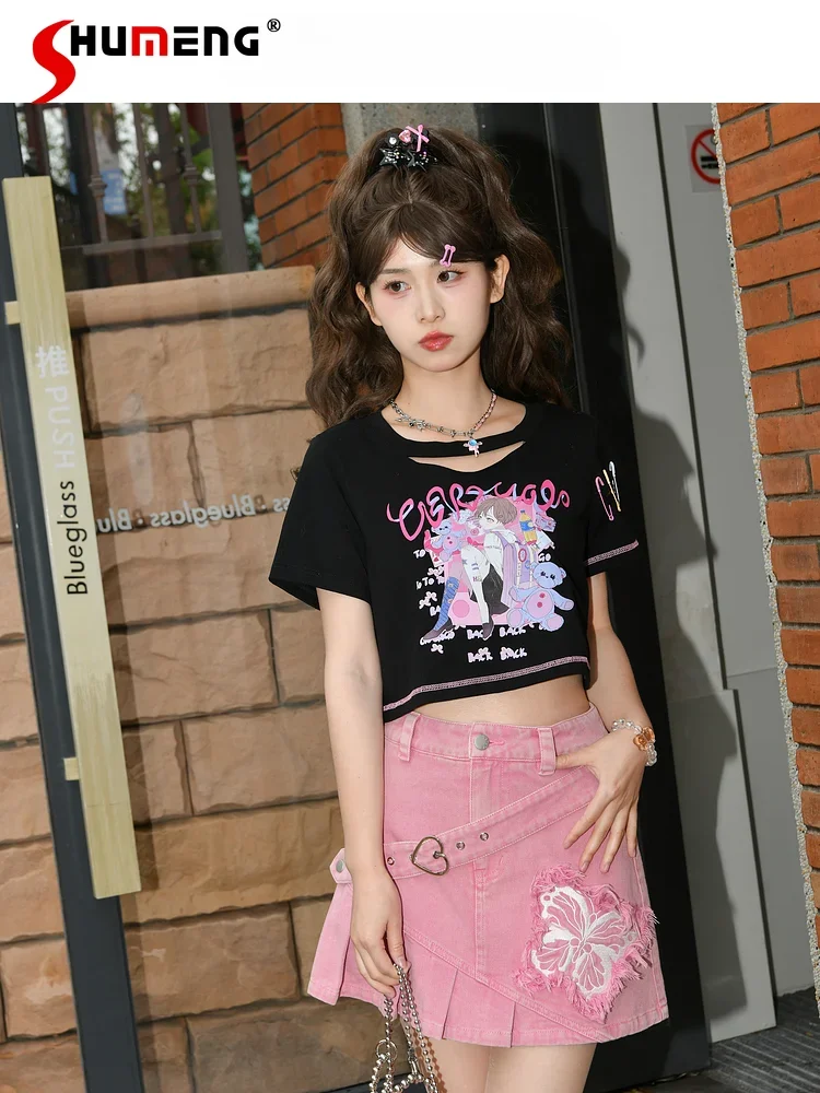 

Japanese Style Sweet Cool Y2K Tops Cartoon Girl Printed Hollow Out round Neck Pin Loose Casual Black T-shirt Crop Top for Women