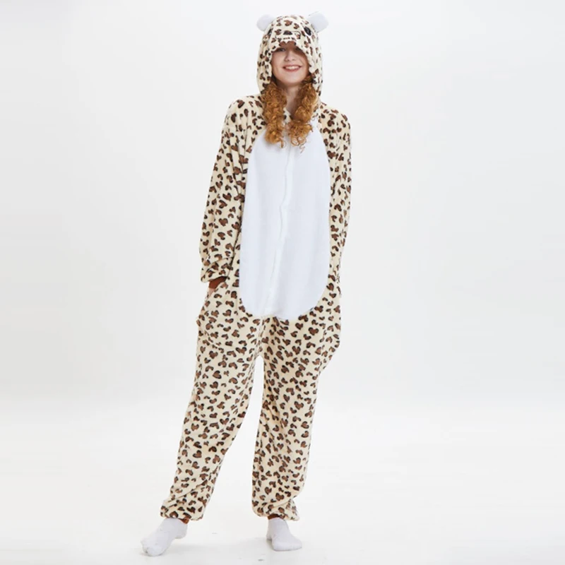 Cute Cartoon Kigurumi Bear Pajamas Long Sleeve Hooded Onesie Adult Women Animal Halloween Christmas Jumspuit Leopard Sleepwear