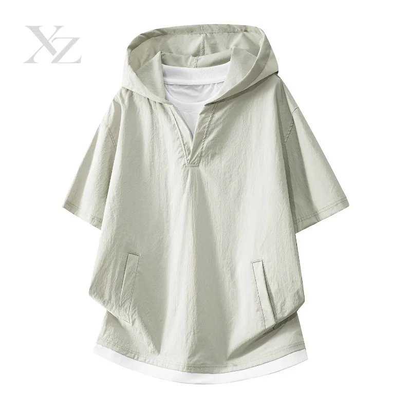 Opening Sale |Men's Oversized Hooded Short Sleeve T-shirt Fake Two Piece Design Streetwear Casual Tops Lightweight Summer Tees f