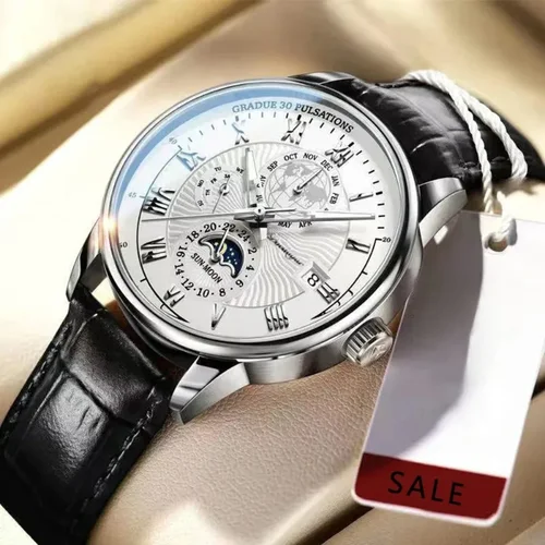 Imagen 2 del producto Reloj de lujo para hombre, cronógrafo resistente al agua, patrón de fase lunar, reloj de pulsera luminoso para hombre, relojes de cuarzo de cuero para hombre, reloj informal