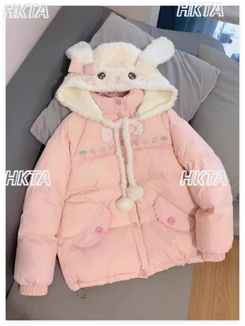 

Cute Kawaii Cartoon Daily Loose Casual Lamb Wool Sweet Hooded Cotton Jackets Women New Loose Parkas Cotton Padded Coat Parkas
