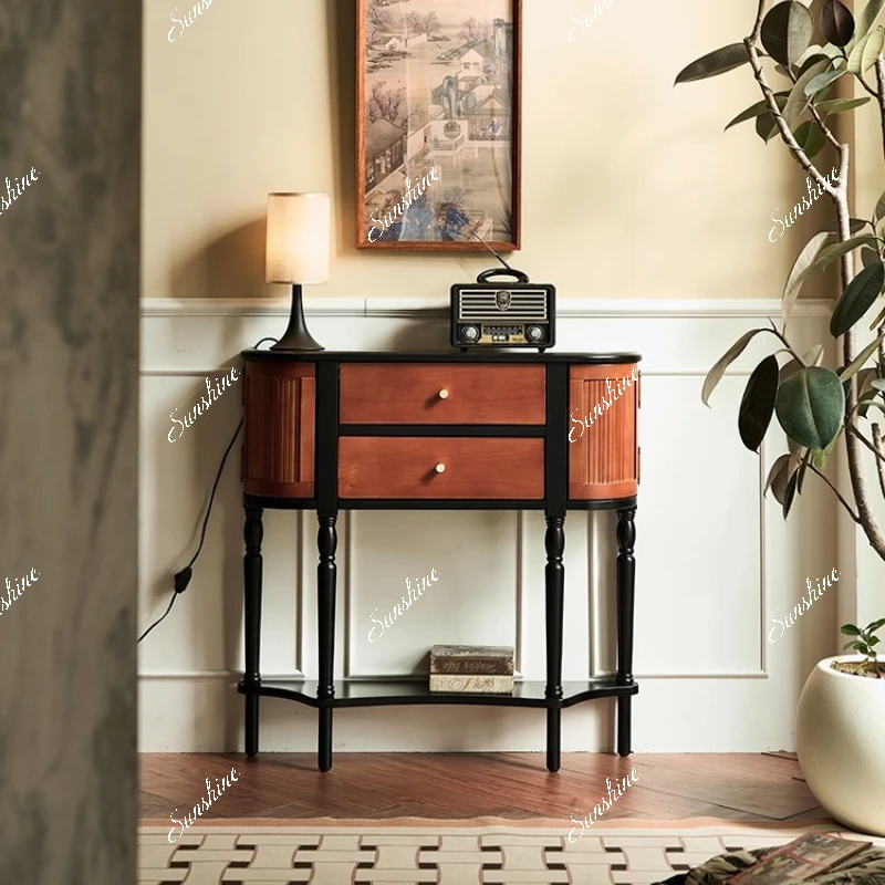 

French retro solid wood porch cabinet small apartment household corridor aisle storage advanced sense rack