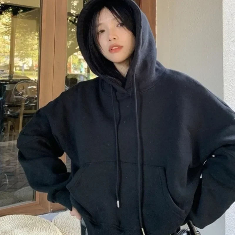 Korean Winter Women Solid Fleece Hoodies Clothing Long Sleeve Tops Loose Pocket Sweatshirt Female Casual Harajuku Pullover Y2k