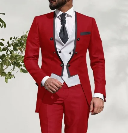 Ternos masculinos feitos sob medida, vermelho e branco, smoking, lapela redonda, conjunto de 3 peças (jaqueta + calça + colete)