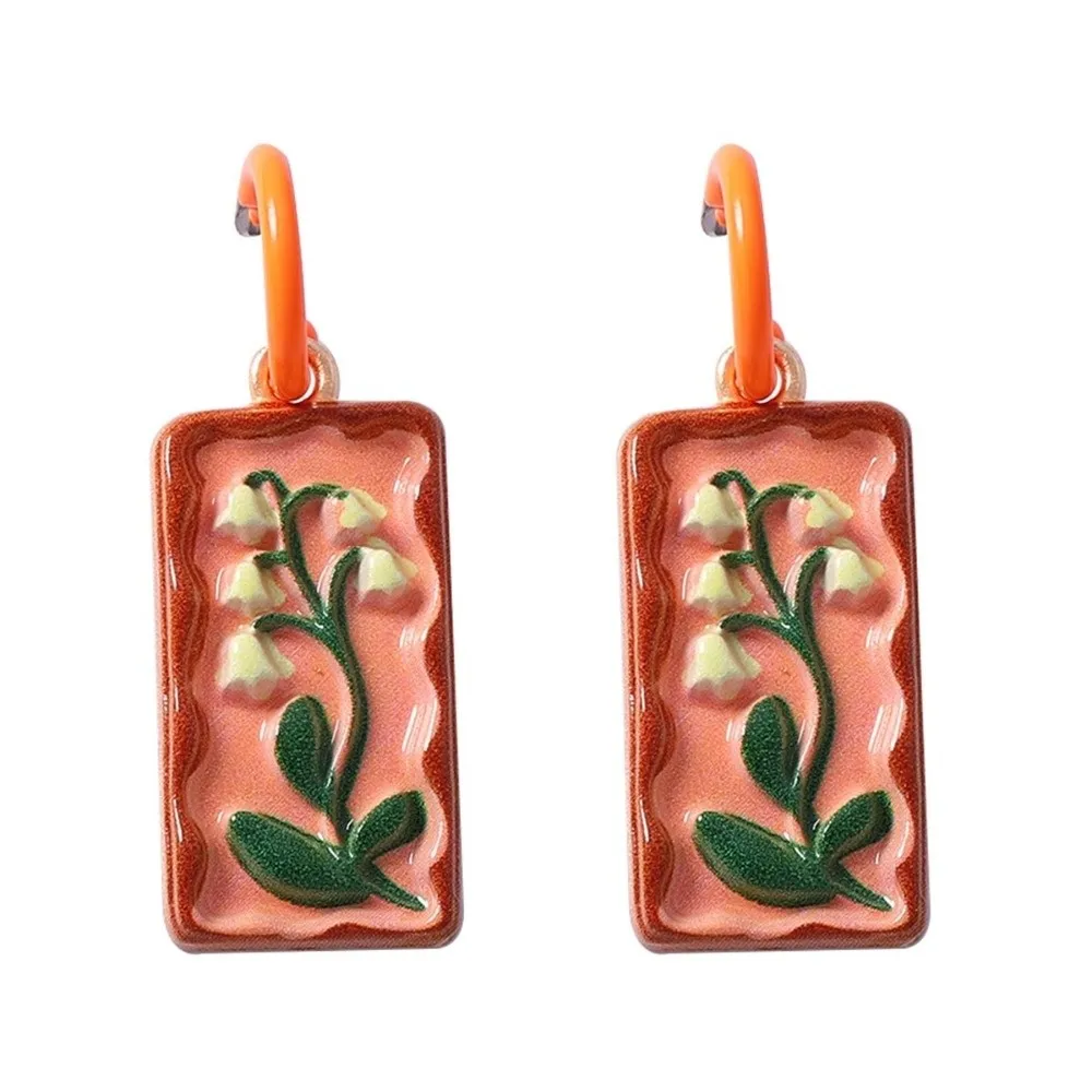 Resin Bohemian Pendant Earrings Flower Pattern Ceramic Beach Printed Drop Earrings Oval Rectangular Dangle Earrings