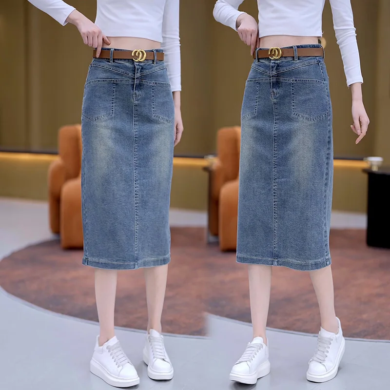 تنورة متوسطة الطول من الدنيم للنساء، تنورة ضيقة متوسطة الطول متعددة الاستخدامات للخريف، تنورة مستقيمة بفتحة خلفية قابلة للتمدد بخطوة واحدة