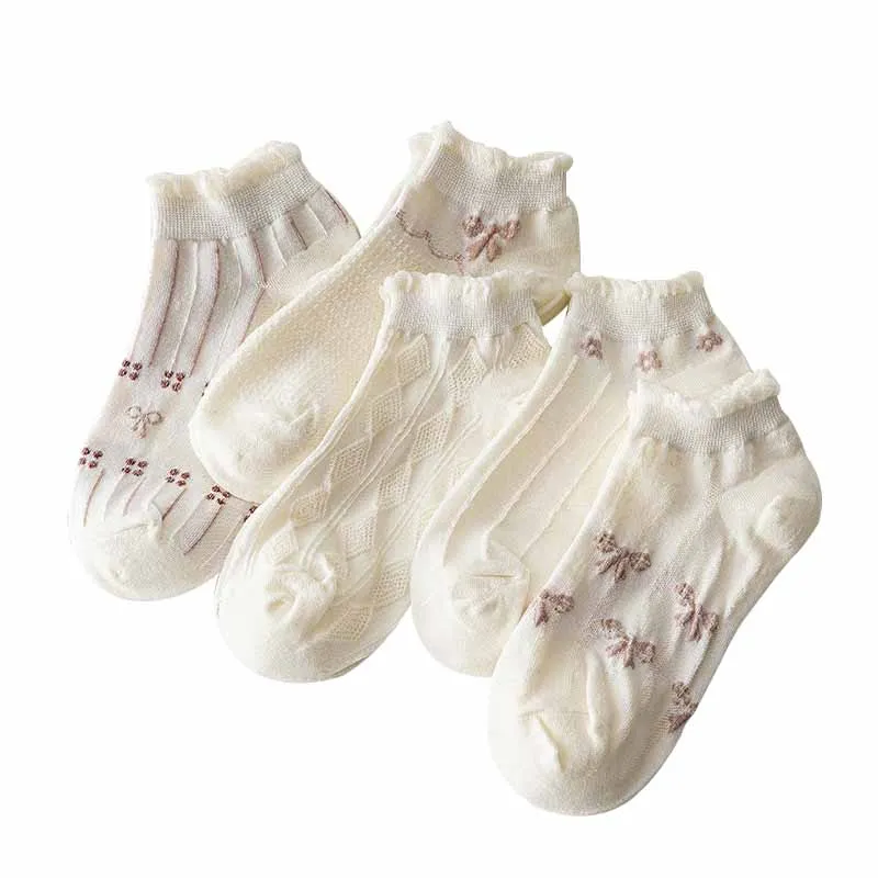 

5 Pairs Hot Selling Women Casual Socks Fashion Cute Lace Socks Wome Socks Solid Color Simple Women Low Tube Socks Boat Socks