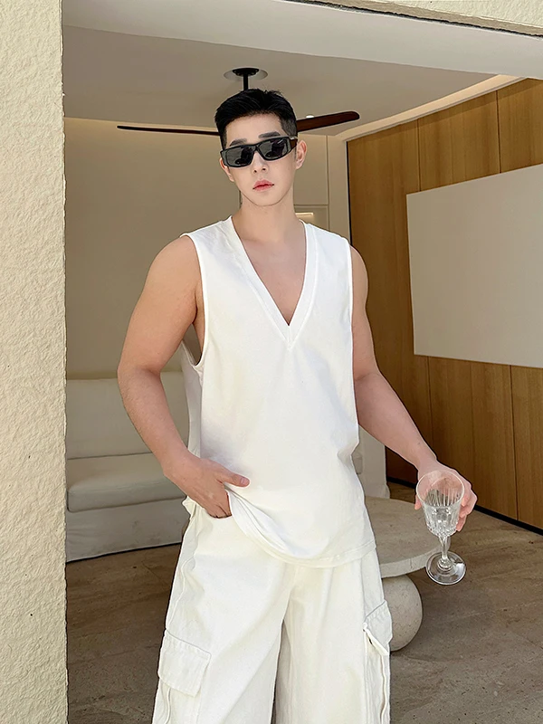 

Повседневный свободный спортивный жилет с v-образным вырезом, модный универсальный мужской топ для ночного клуба Faion, высококачественная модель бара, летний топ