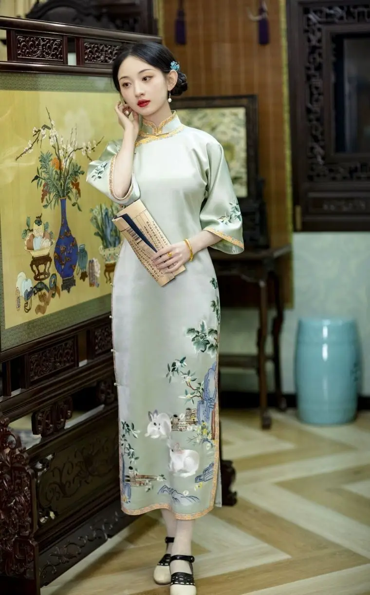 

Spring Printing Acetate Green Satin Vintage Inverted Big Sleeve Chinese Style Late Qing Full Cardigan Cheongsam Evening Dress