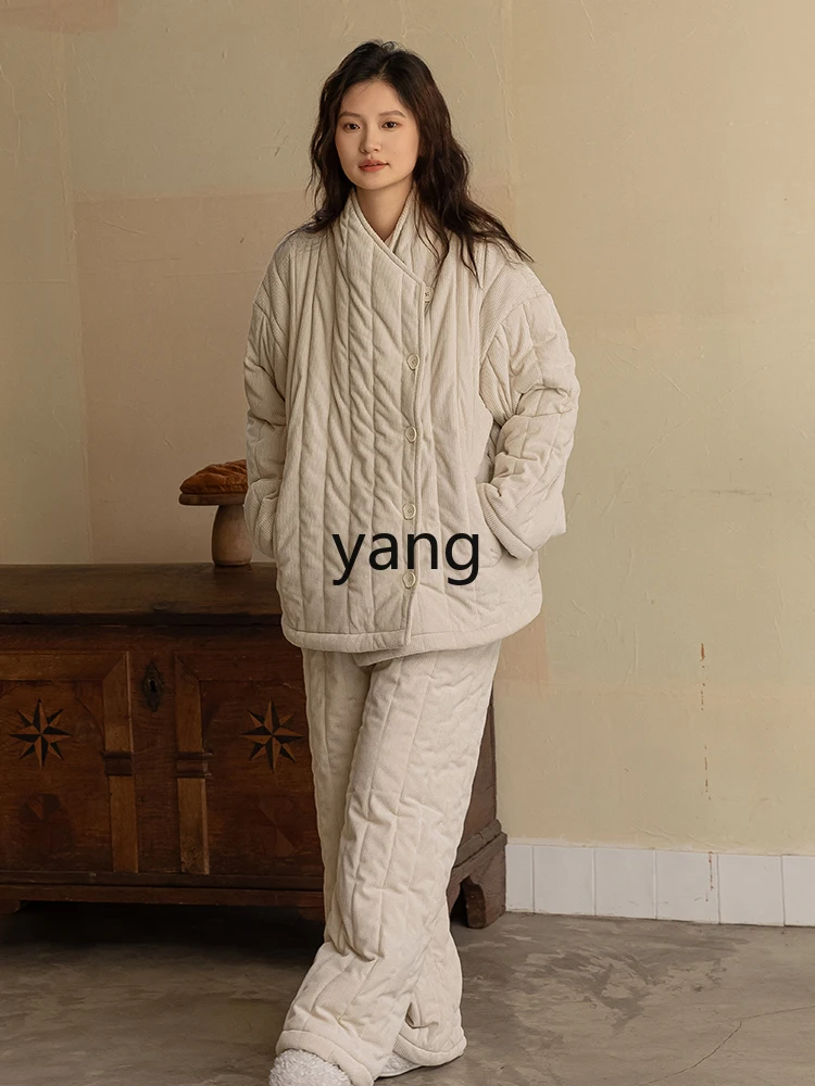 LMM new three-layer padded Chinese coral fleece thickened loungewear set winter