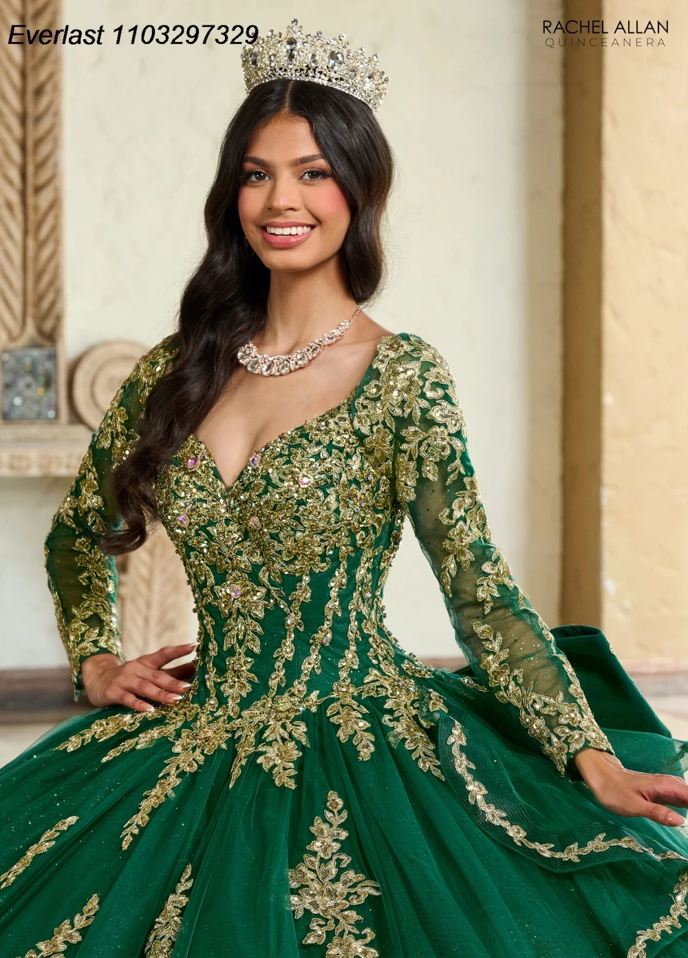 EVLAST Customized Green Quinceanera Dress Ball Gown Gold Lace Applique Beaded Detachable Sleeve Sweet 16 Vestido De 15 TQD437